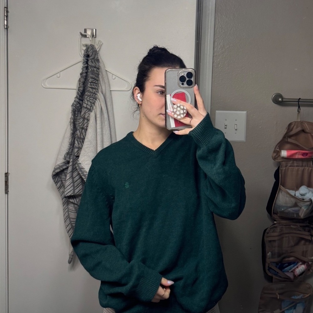 IZOD Mens V-Neck Sweater Forest Green Cotton Blend Knit XL
